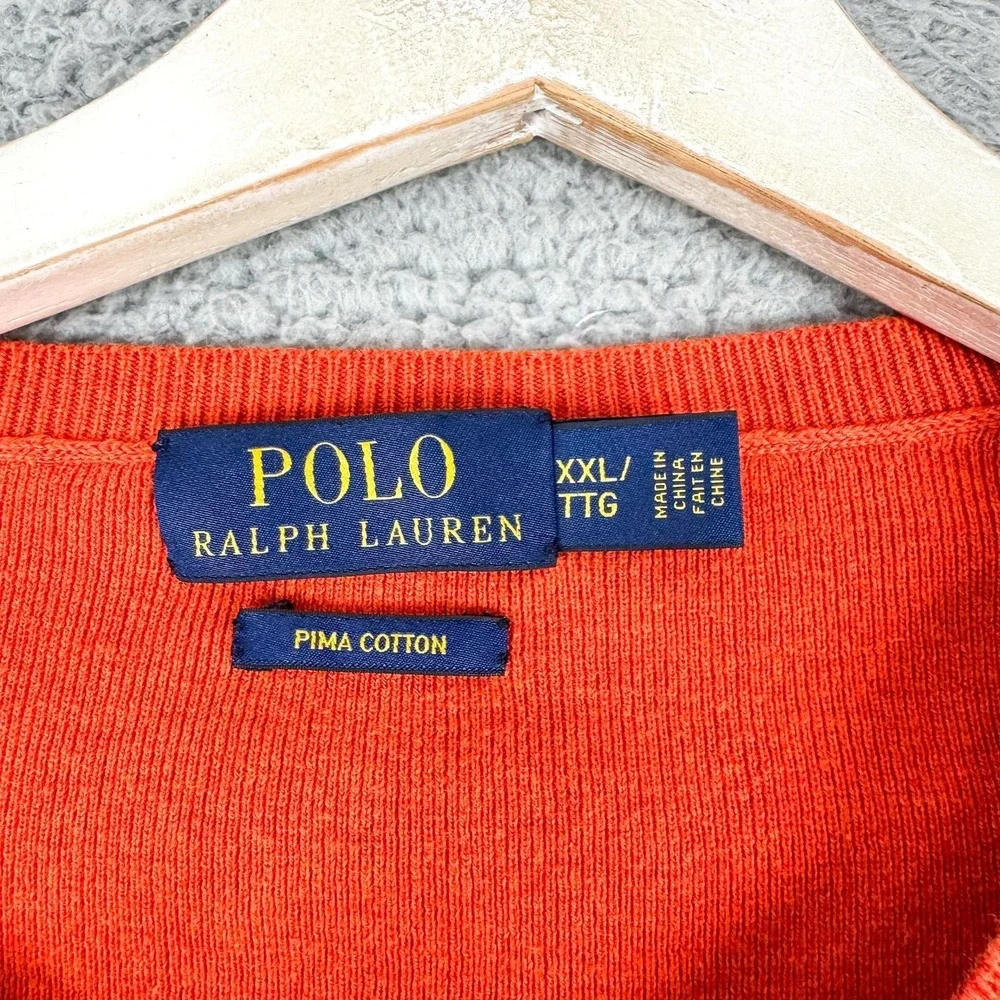 Polo Ralph Lauren‎ Sweater Mens 2XL Orange Pima Cotton V Neck Pullover Pony Logo